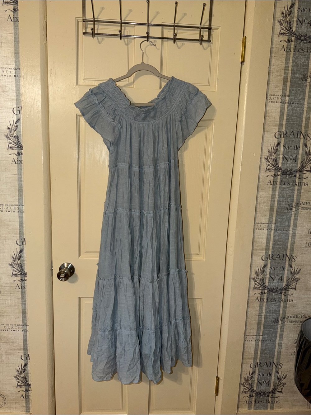 Flawless Pale Blue Off-Shoulder Ruffle Maxi Dress